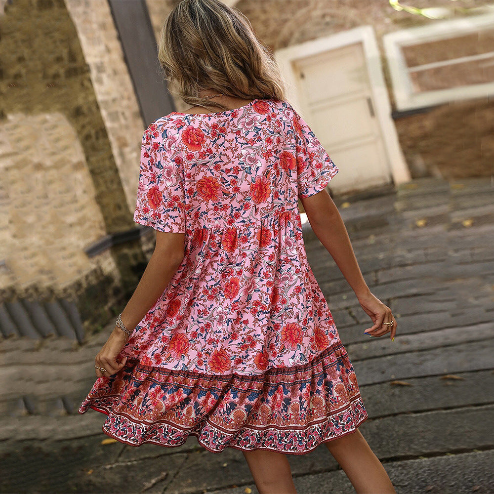 European and American women's floral V-neck loose casual bohemian style dress
