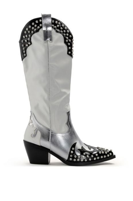Women Metallic Leather Western Boots Crystal- embellished Patchwork Knee High Boots Female Pointy Toe Block Heels Slip-on Botas