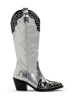 Women Metallic Leather Western Boots Crystal- embellished Patchwork Knee High Boots Female Pointy Toe Block Heels Slip-on Botas