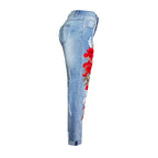 Women's Elastic Loose Jeans Women's Trousers Colorful Flowers 3D Three-Dimensional Embroidery Ripped Jeans
