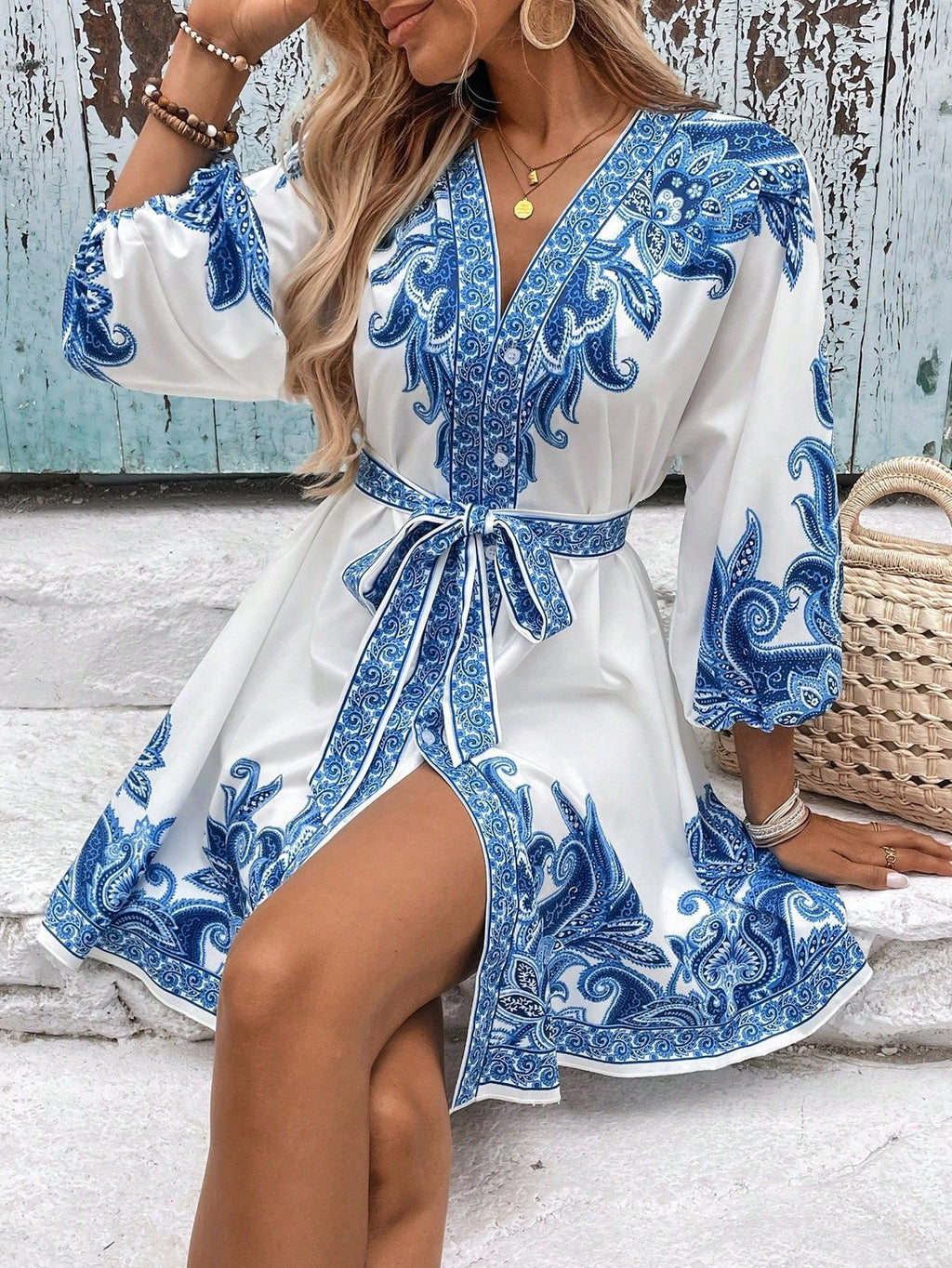 Mid-Sleeve Tie-Strap Bohemian Print Dress