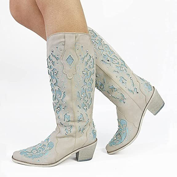 Women's Shoes Embroidered High Sleeve Solid Thick Heel Boots
