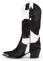 Women's Western Pointed Toe Real Horse Fur Mid Calf Boots Chunky Heel Genuine Leather