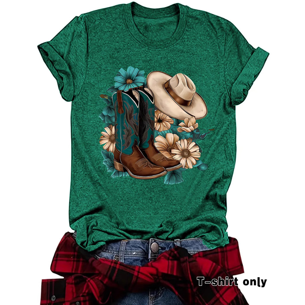 Western Short sleeved women's t-shirt with boots & hats