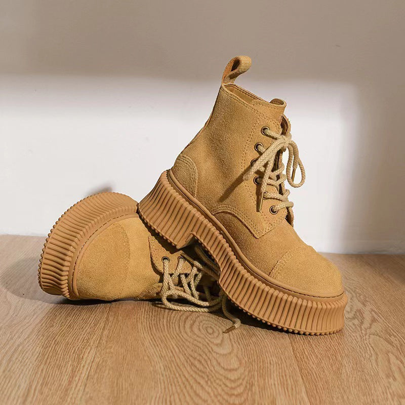 New Chunky Heel Thick Sole Riding Boots Cow Suede Comfort Lace Up Ankle Boots Women Punk Style Short Boot Unisex