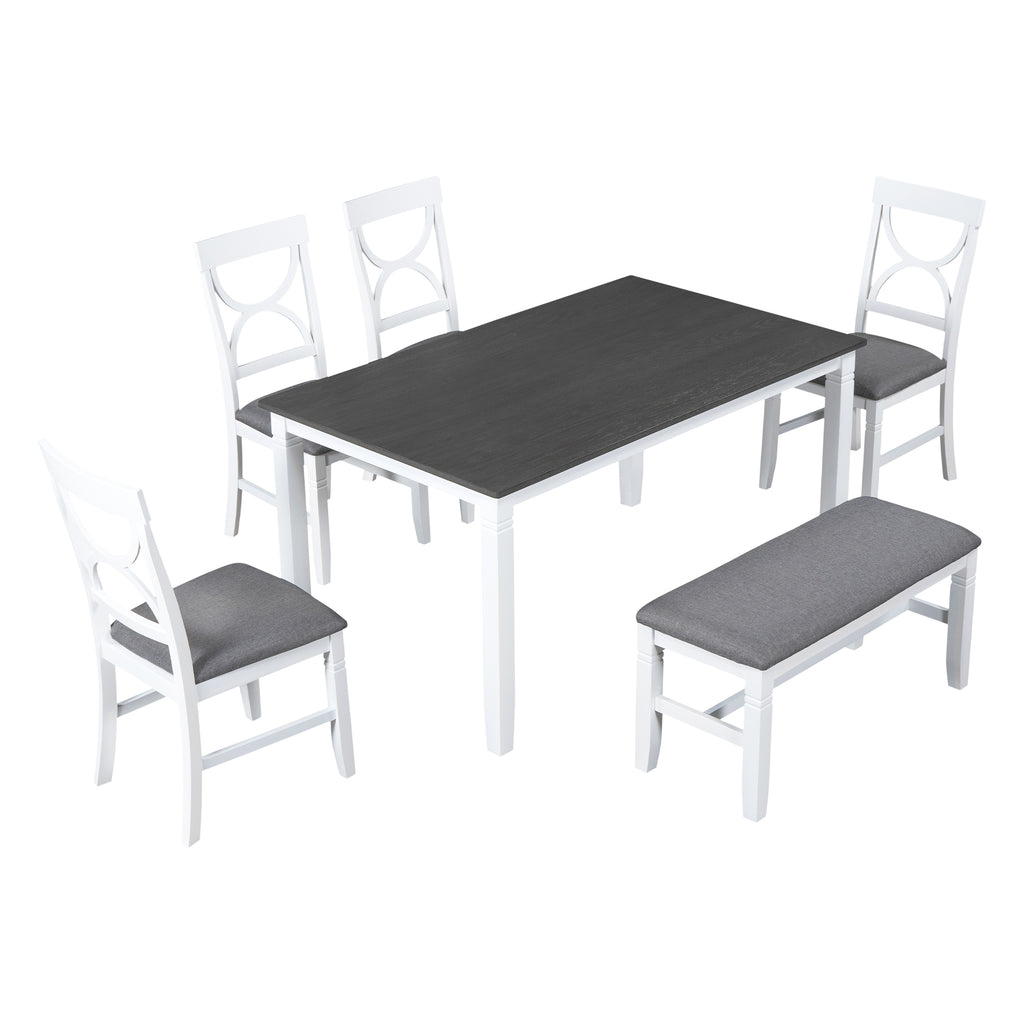 6-Piece Wood Dining Table Set Kitchen Table Set with Upholstered Bench and 4 Dining Chairs, Farmhouse Style Gray+White