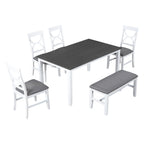 6-Piece Wood Dining Table Set Kitchen Table Set with Upholstered Bench and 4 Dining Chairs, Farmhouse Style Gray+White