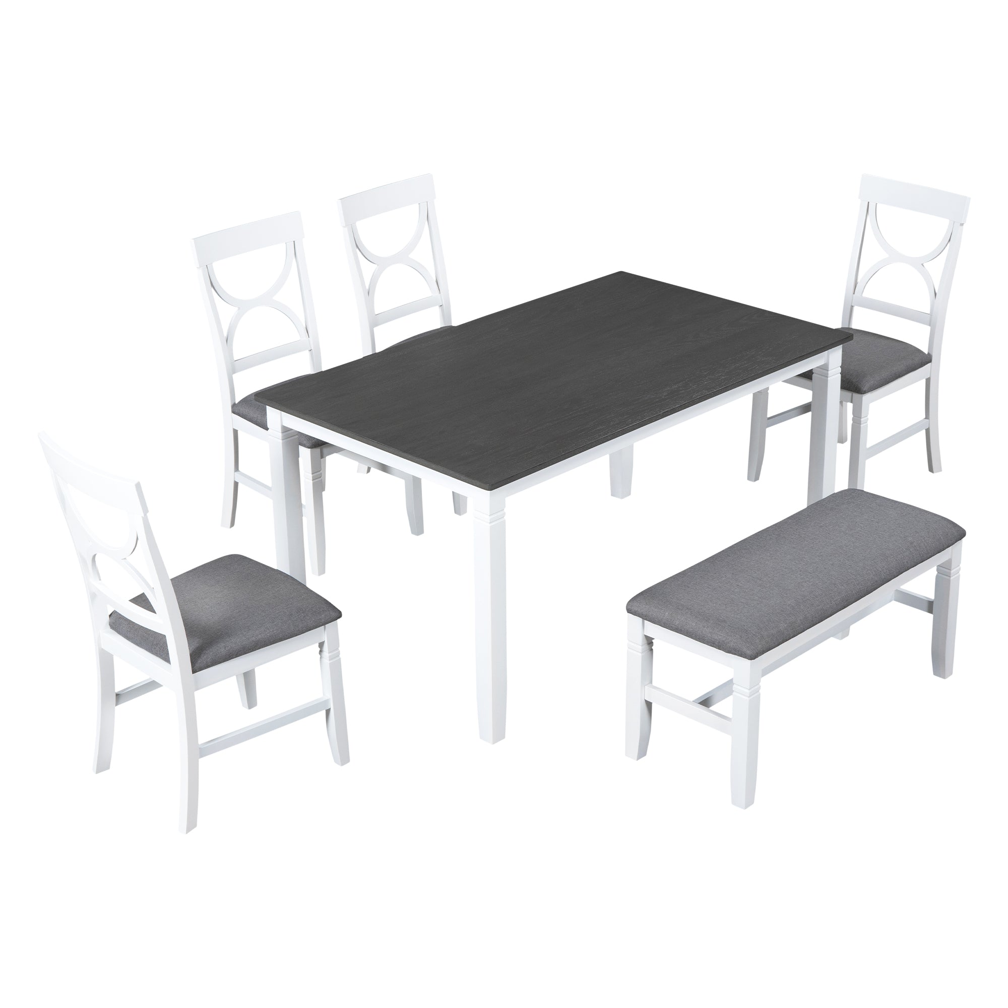 6-Piece Wood Dining Table Set Kitchen Table Set with Upholstered Bench and 4 Dining Chairs, Farmhouse Style Gray+White