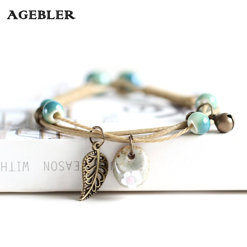 Ceramic Cute Flower Leaf Pattern Bracelets Handmade Vintage Boho Style Trendy jewelry