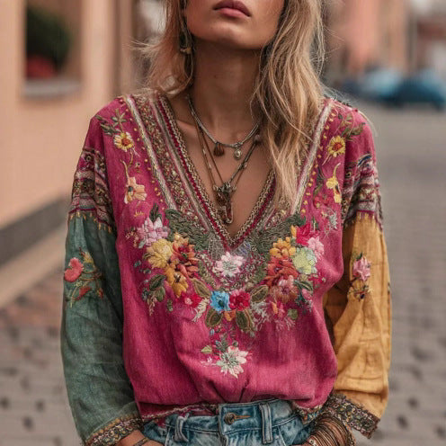 Women's casual vintage bohemian V-neck top ethnic style long sleeve