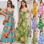 Bohemian printed long skirt with V-neck strap dress