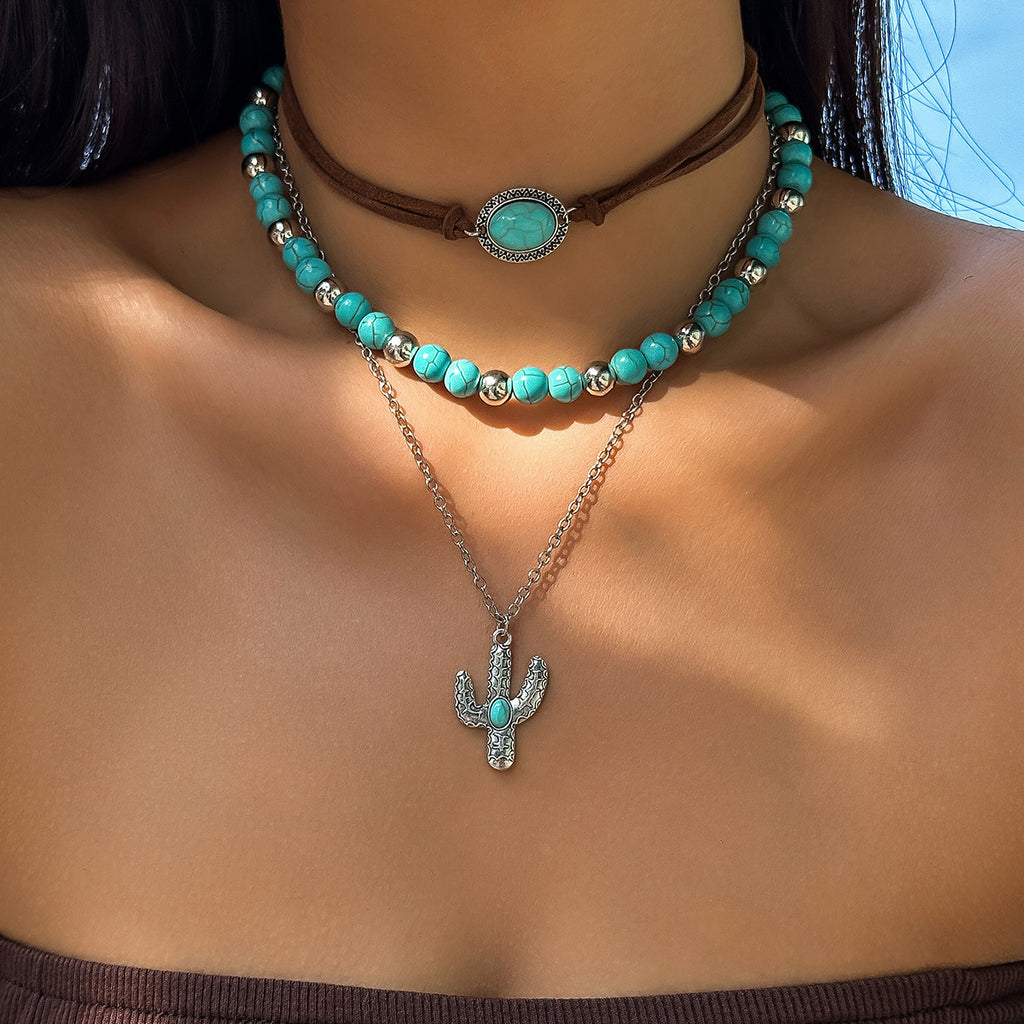 Vintage imitation turquoise collarbone chain niche bead necklace set ethnic style cactus necklace