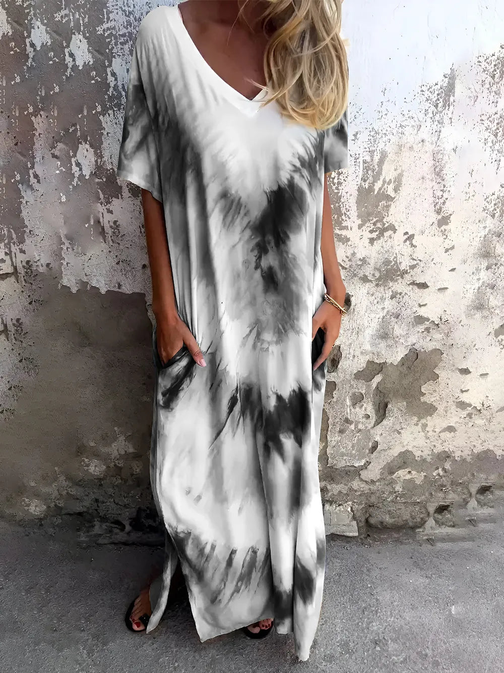 Full Size Pocketed Tie-Dye Short Sleeve Maxi Dress