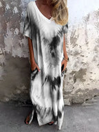 Full Size Pocketed Tie-Dye Short Sleeve Maxi Dress