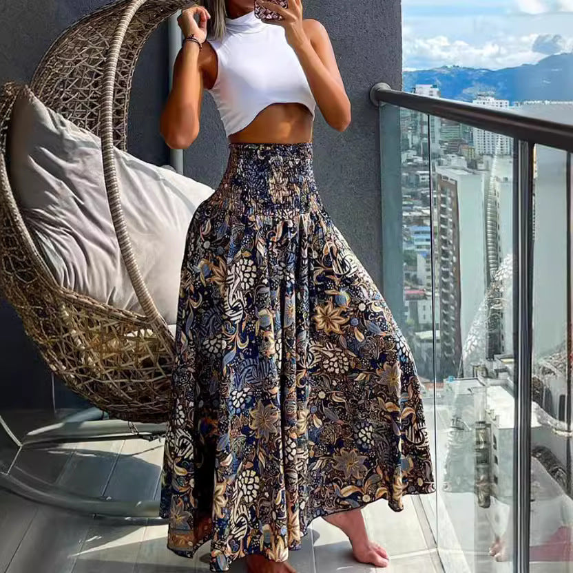 Women's Beach Boho Print Skirts Elastic High Waist