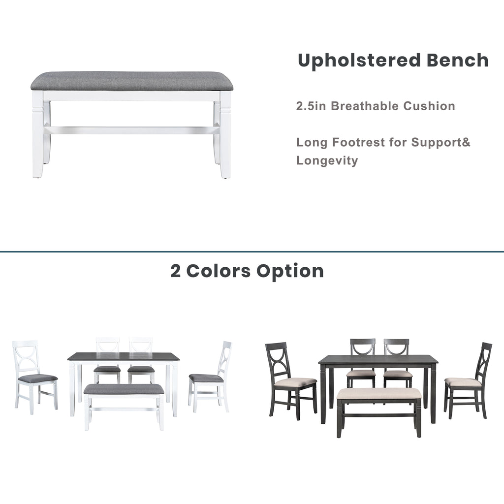 6-Piece Wood Dining Table Set Kitchen Table Set with Upholstered Bench and 4 Dining Chairs, Farmhouse Style Gray+White