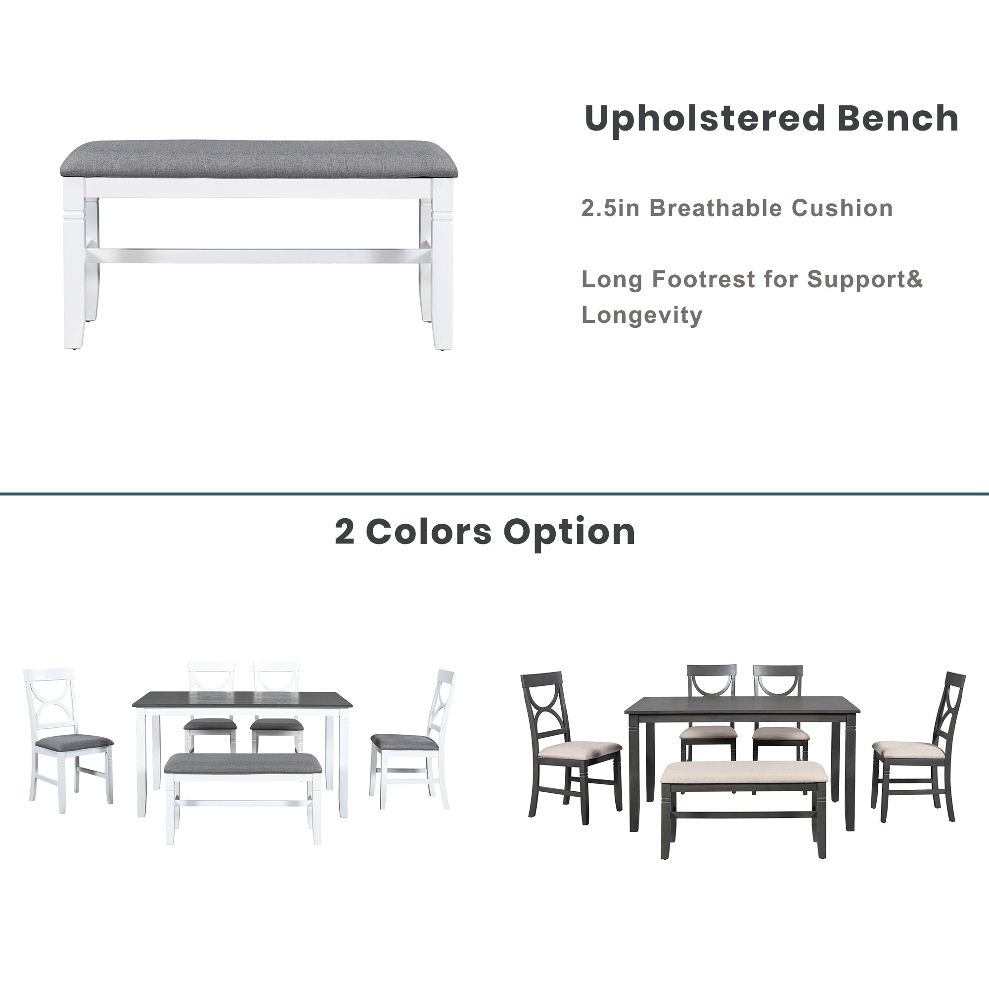 6-Piece Wood Dining Table Set Kitchen Table Set with Upholstered Bench and 4 Dining Chairs, Farmhouse Style Gray+White