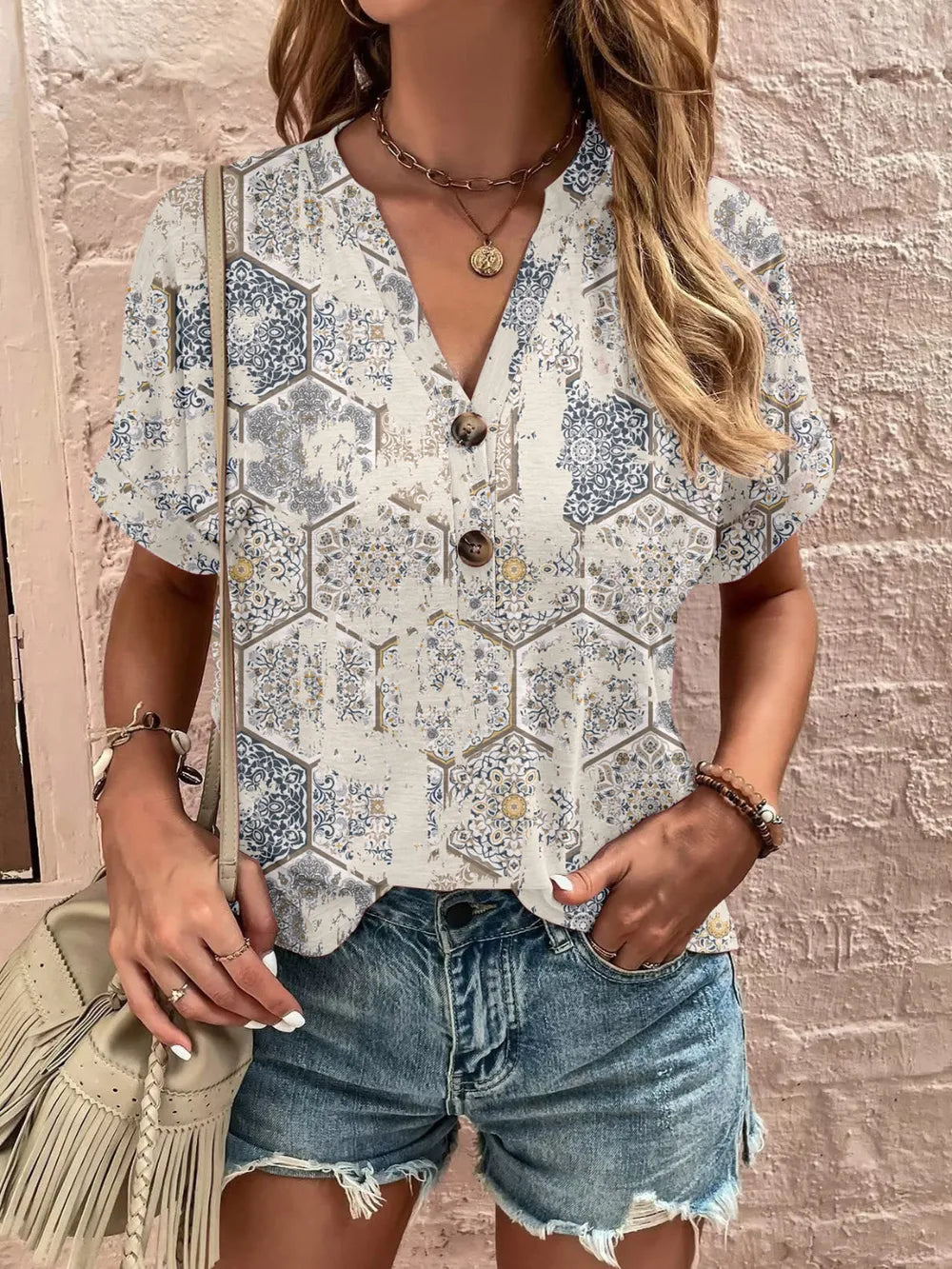 Women's Plus Size Printed Notched Short Sleeve Blouse