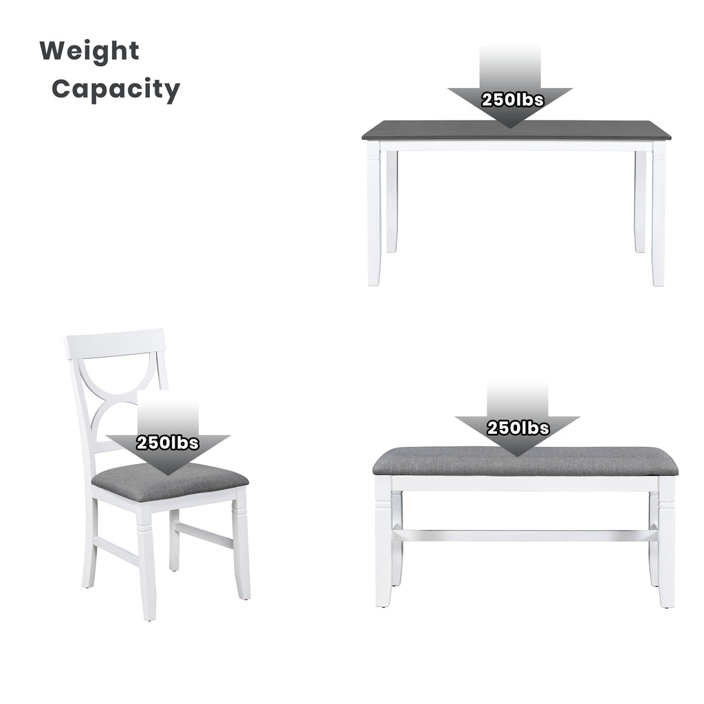 6-Piece Wood Dining Table Set Kitchen Table Set with Upholstered Bench and 4 Dining Chairs, Farmhouse Style Gray+White