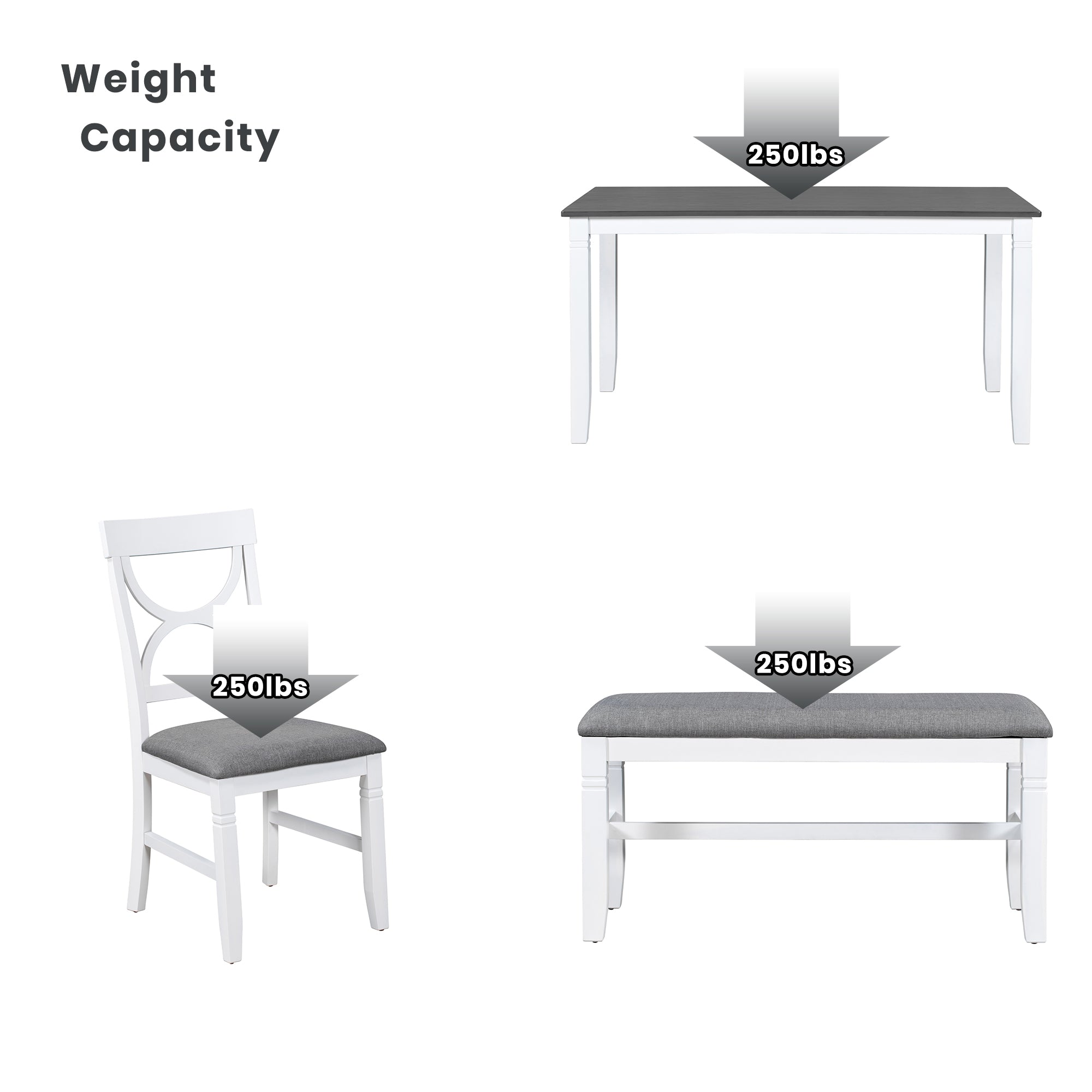 6-Piece Wood Dining Table Set Kitchen Table Set with Upholstered Bench and 4 Dining Chairs, Farmhouse Style Gray+White