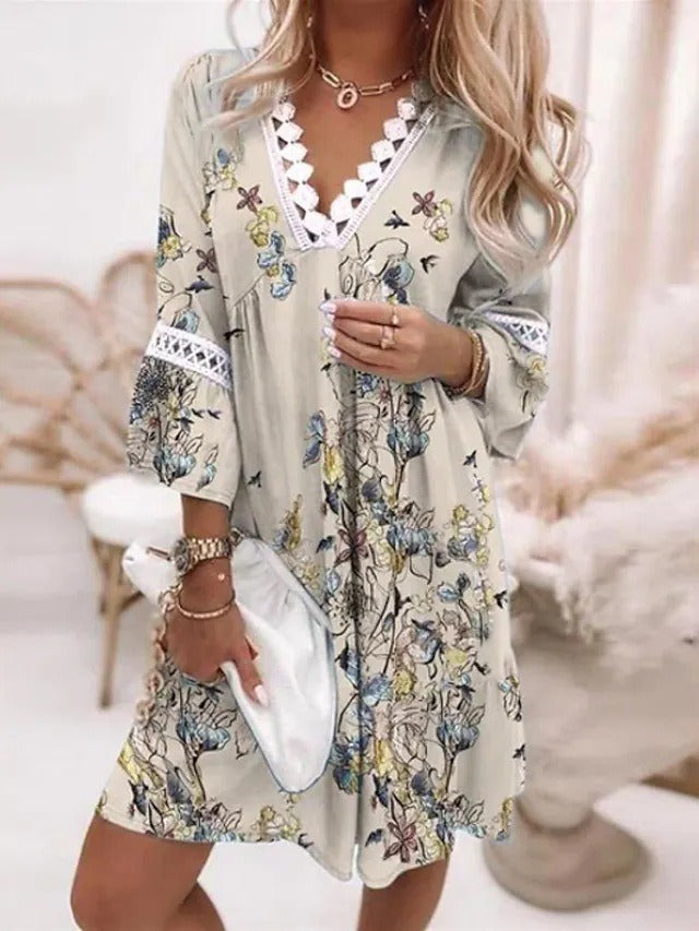 V-Neck Printed Lace Stitched Bohemian Dress