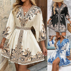 Mid-Sleeve Tie-Strap Bohemian Print Dress