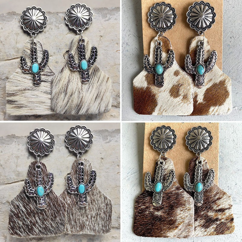 Animal Grain Leather Jewelry Bohemian Horse Hair Pumpkin Flowers Cactus Turquoise Fashion Earrings