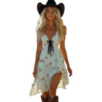 Women's Vintage Bohemian Printed Floral V-neck Lace Mini Dress