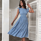 Summer Printed Women Midi Skirt European And American High Waist Small Flying Sleeve Floral Dress