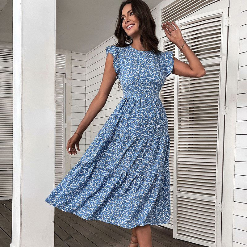 Summer Printed Women Midi Skirt European And American High Waist Small Flying Sleeve Floral Dress