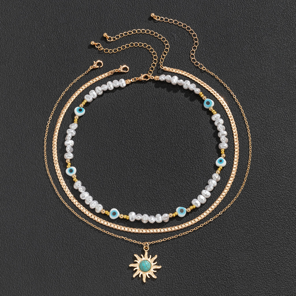 Retro Contrast Color Personality Eye Pearl Turquoise Necklace