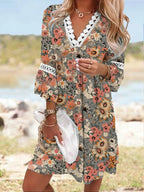 V-Neck Printed Lace Stitched Bohemian Dress
