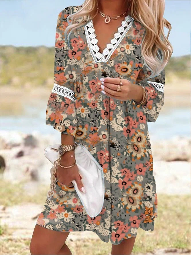 V-Neck Printed Lace Stitched Bohemian Dress