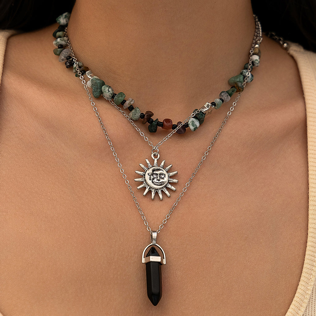Women's Tassel ethnic style layered flower and leaf necklace, cross-border hot selling crushed stone bead necklace