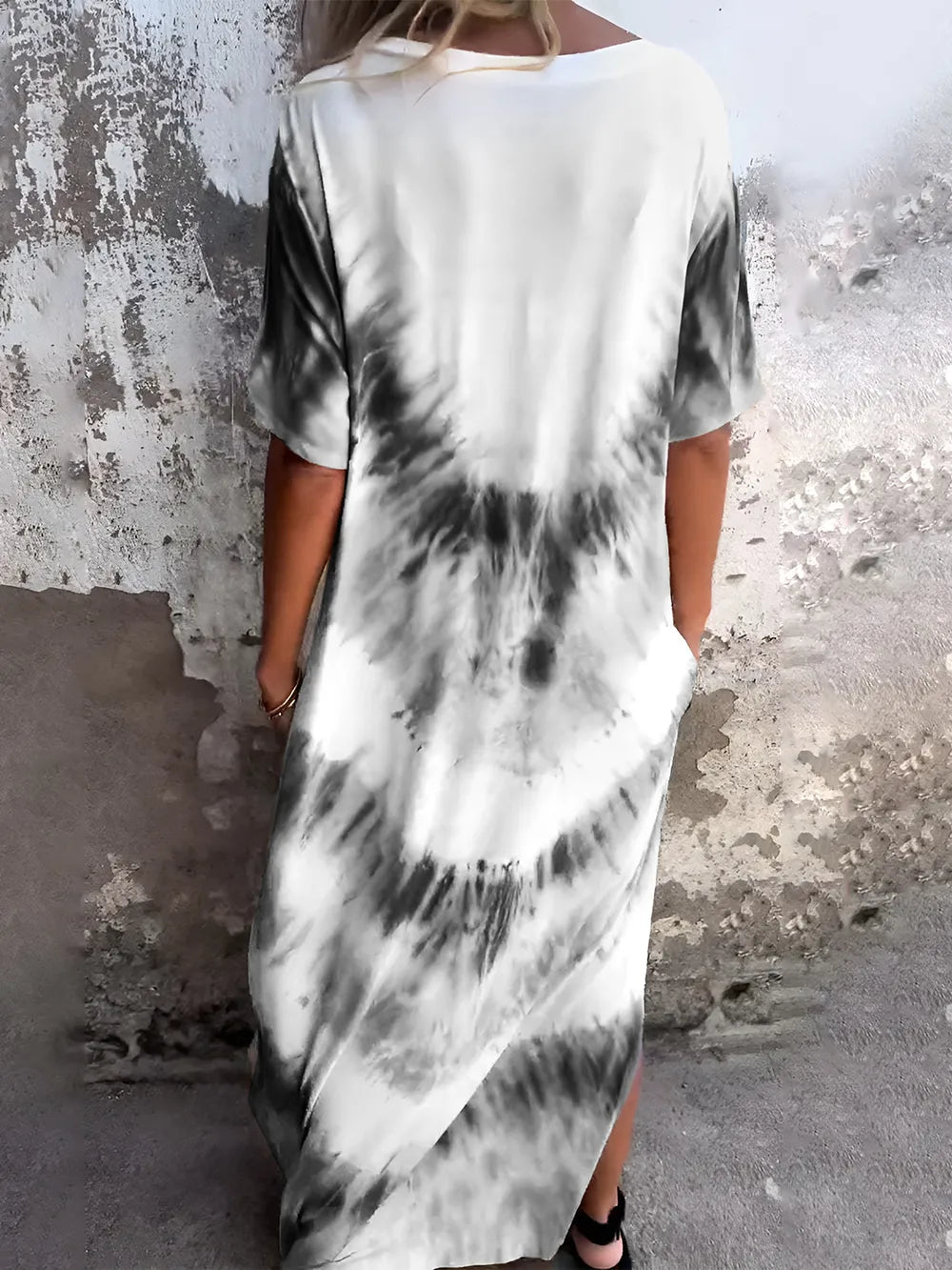 Full Size Pocketed Tie-Dye Short Sleeve Maxi Dress