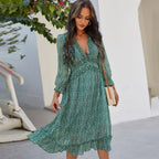 Ladies Vintage Sexy Print Chiffon Dress Women Casual Ruffles High Waist Bohemian Beach Spring Summer Women Dress