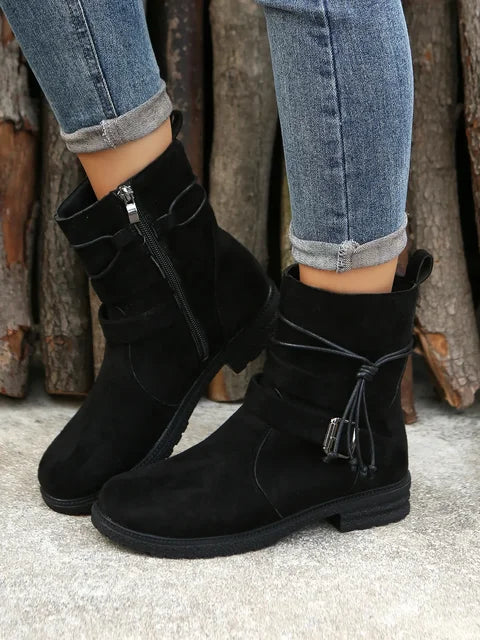 Women Belt Buckle Ankle Boots Chunky Chelsea Boots Mid Heel