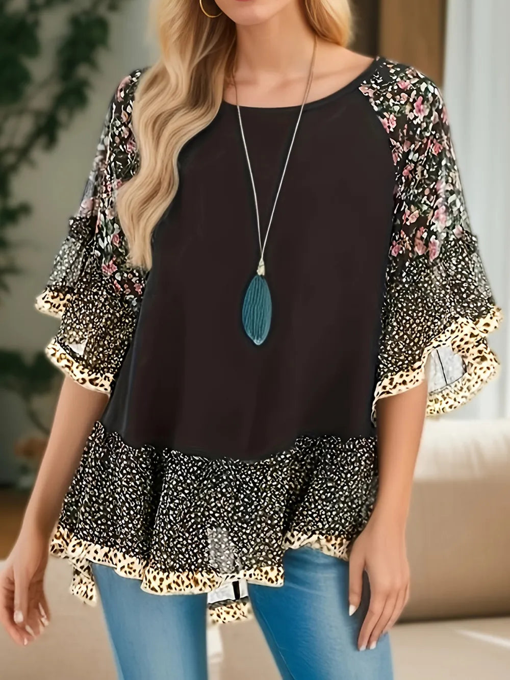 Woman's Blouse Printed Round Neck Half Sleeve Top