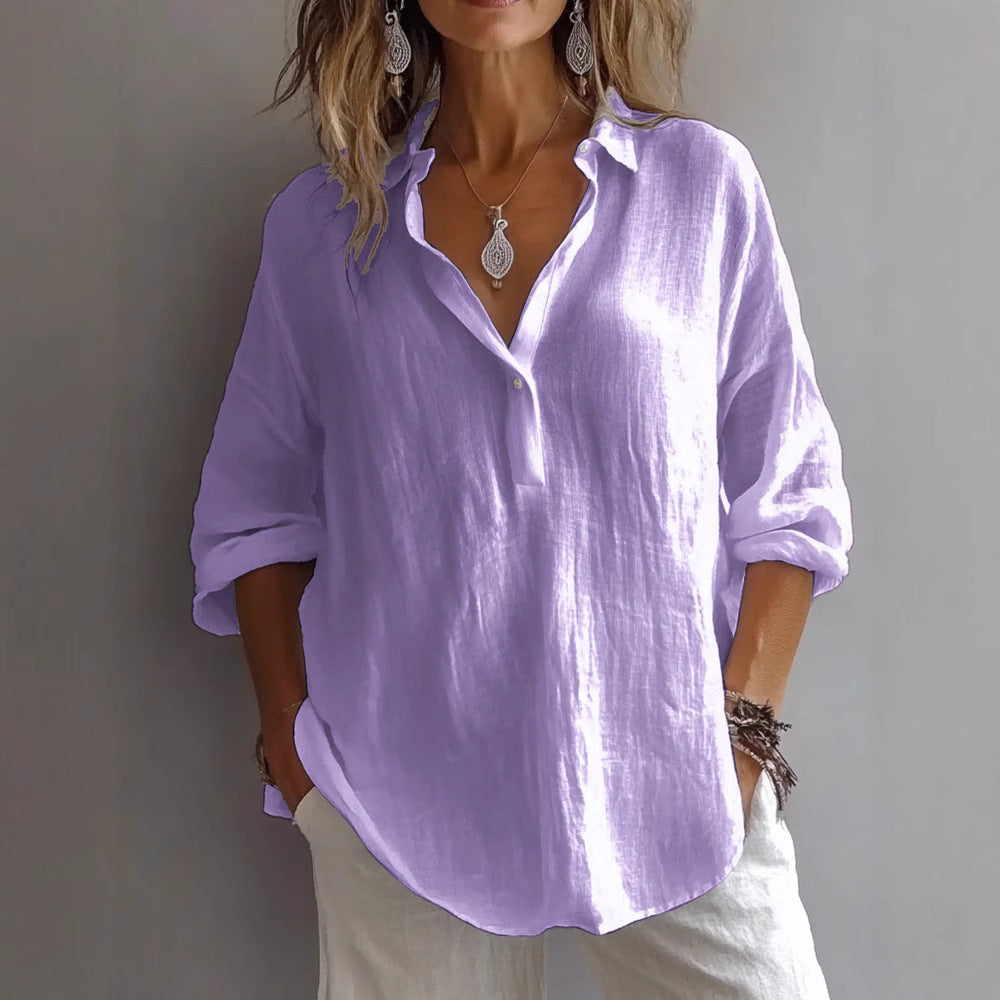 Casual Loose Plus Size V-Neck Long Sleeve Solid Color Shirt for Women