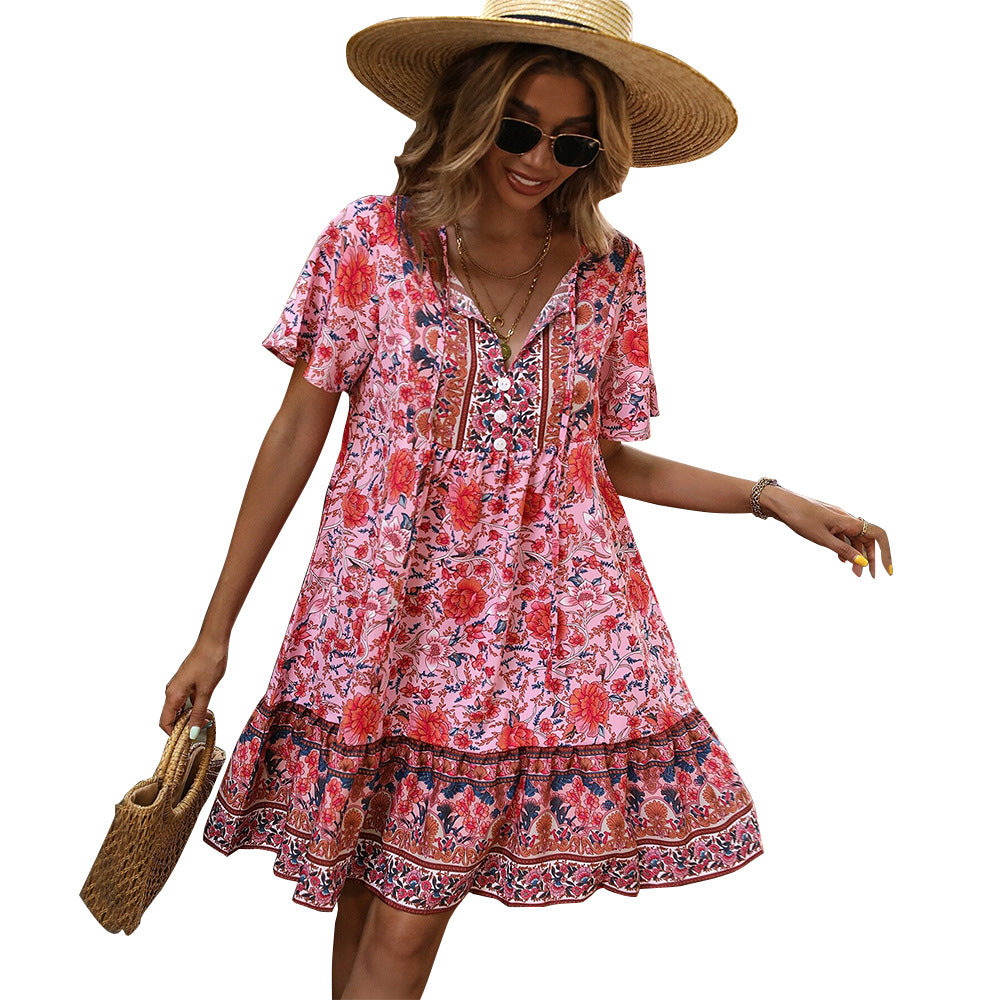 European and American women's floral V-neck loose casual bohemian style dress