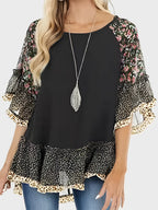 Woman's Blouse Printed Round Neck Half Sleeve Top