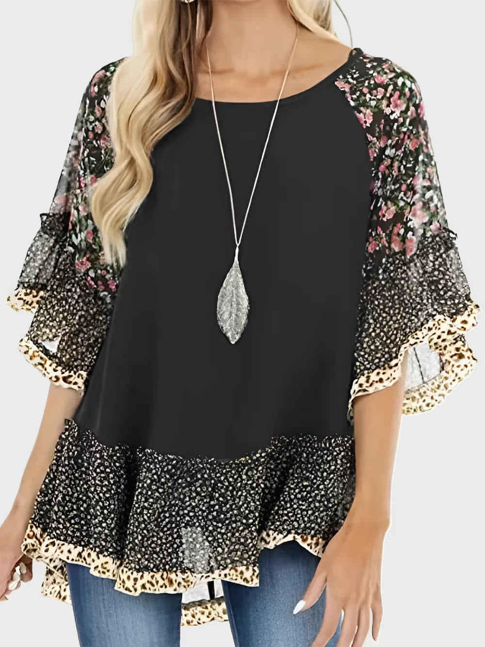 Woman's Blouse Printed Round Neck Half Sleeve Top