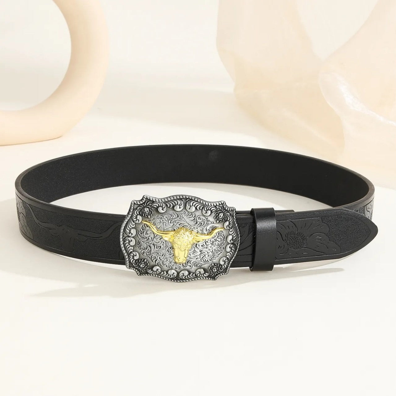 Western Cowboy Belt Versatile Bull Head Big Board Buckle Cowboy Carving Ethnic Style Punk PU Leather Belt