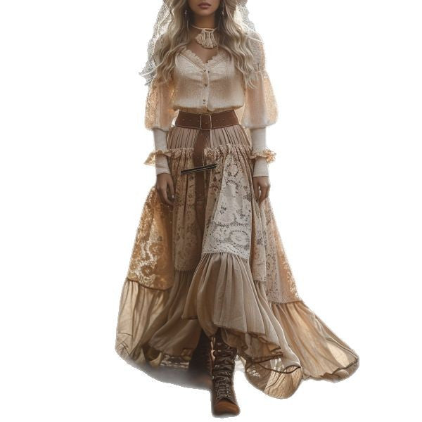 Vintage V-Neck Lace Women's Long Sleeve Maxi Dress, Bohemian Casual Flared Dress