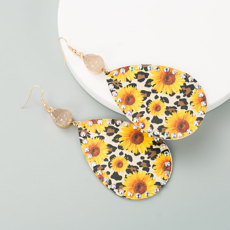 New Personality Leather Sun Flower Earrings Bohemian Style