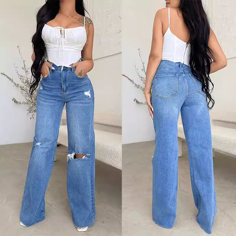 Women's Jeans Loose Casual High Waist Wide Leg Pants Fashion Street Ripped Plus Size Denim