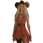 Western Cowboy Style Casual Plaid Mini Dress