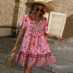 European and American women's floral V-neck loose casual bohemian style dress