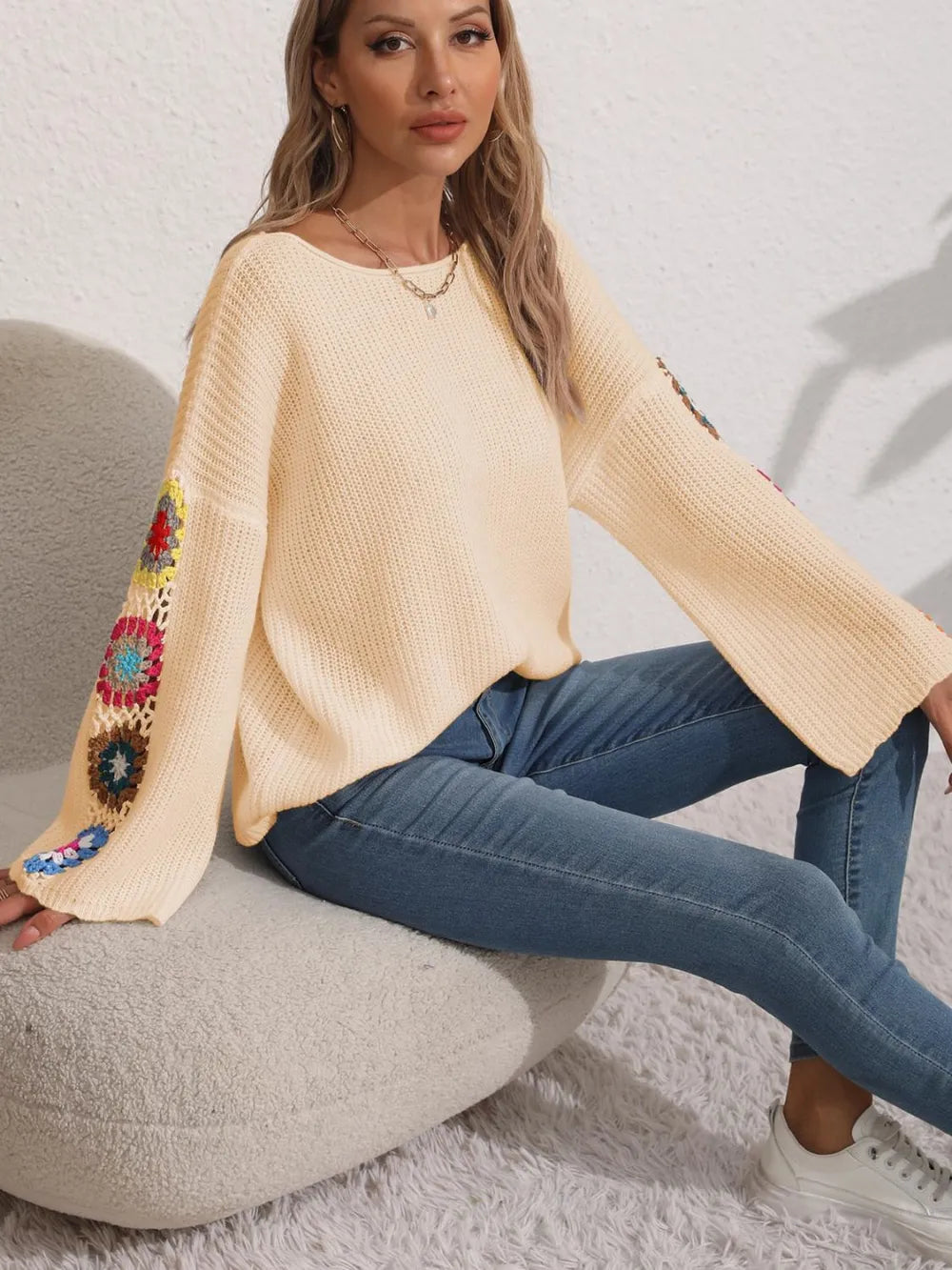 Autumn and winter women's one neck off shoulder loose top randomly mixed color crochet sweater