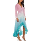Women's Fashion Deep V Neck Long Sleeve Gradient Print Dress Long Dress